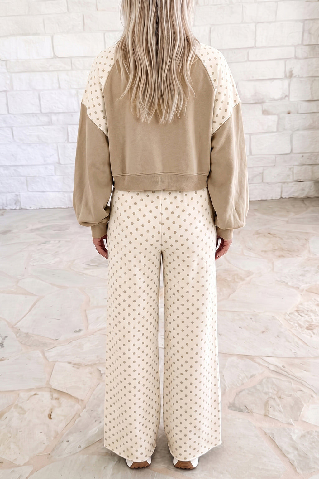 Khaki Polka Dot Patchwork Colorblock Long Sleeve Casual Two Piece Pants Set
