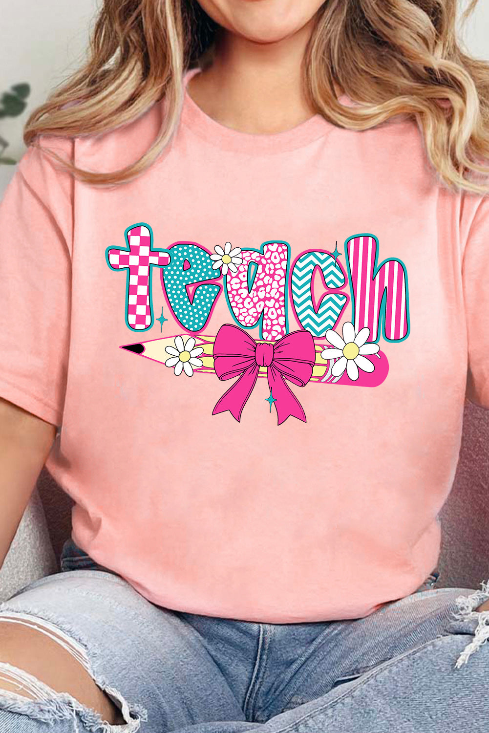 Pink Preppy Retro Checkered Coquette Teach Graphic T-Shirt