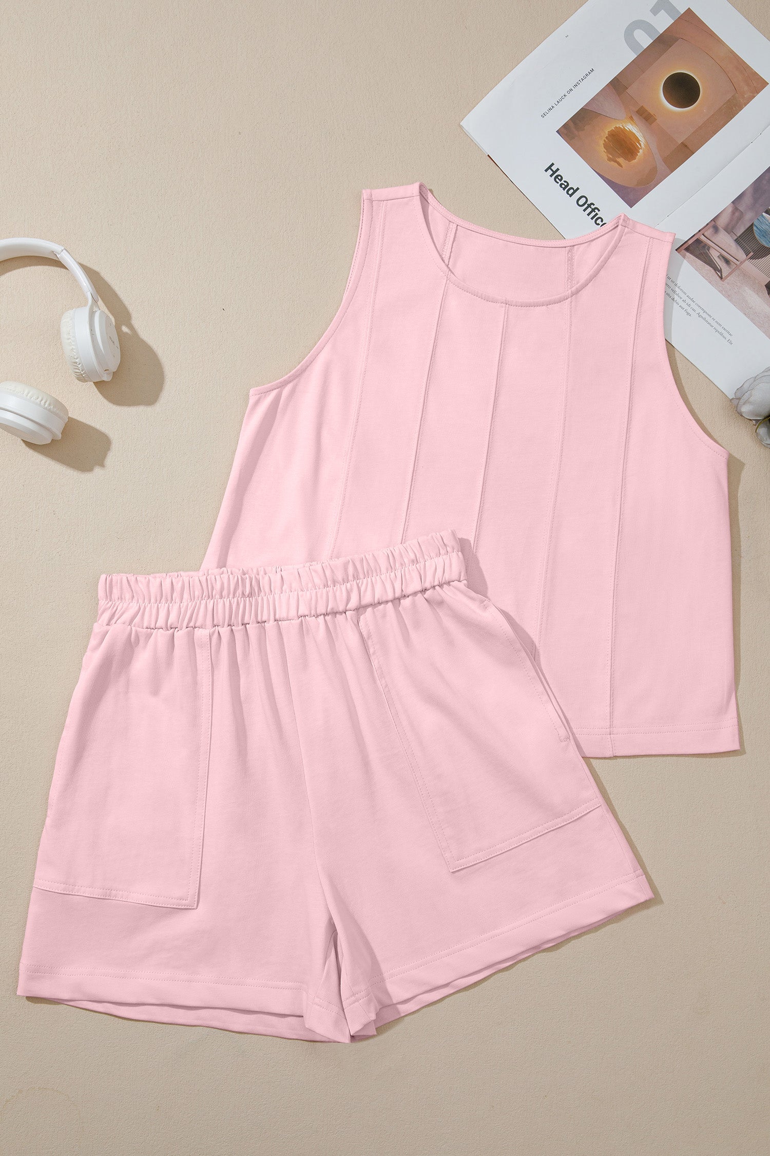 Pink Stitched Detail Loose Tank Top Cotton 2pcs Short Set