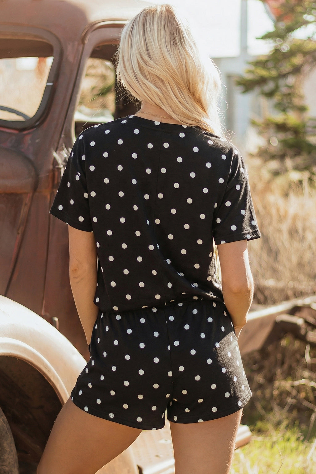 Pink Polka Dot Short Sleeve Loose Top Drawstring Shorts Set