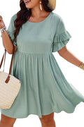 Grass Green Plain Ruffle Hem Plus Size Flared Mini Dress