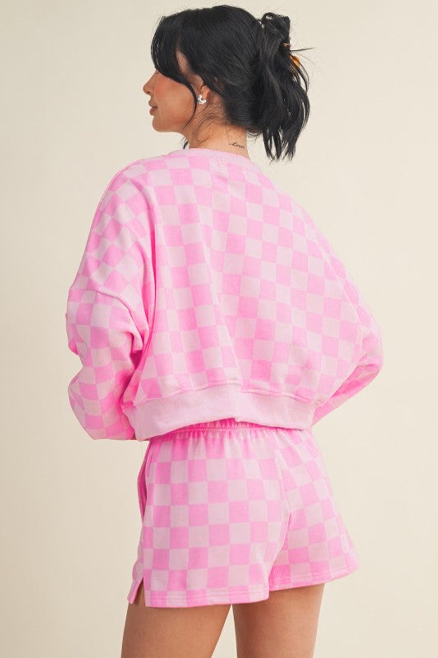 Pink Plaid Checkered Long Sleeve Crop Top Elastic Waist Shorts Two Piece Set