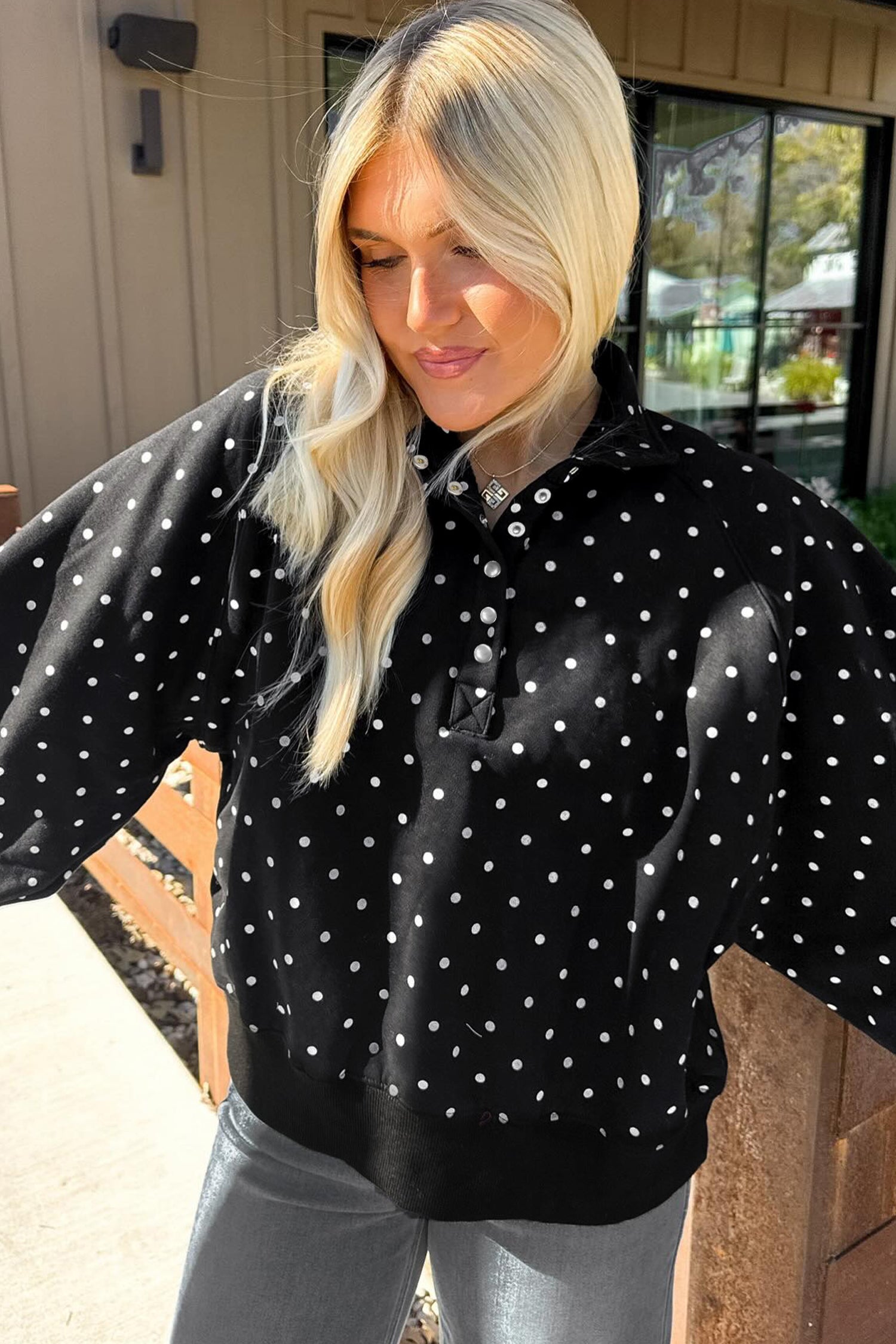 Pink Polka Dot Print Metal Button Collar Casual Pullover Sweatshirt