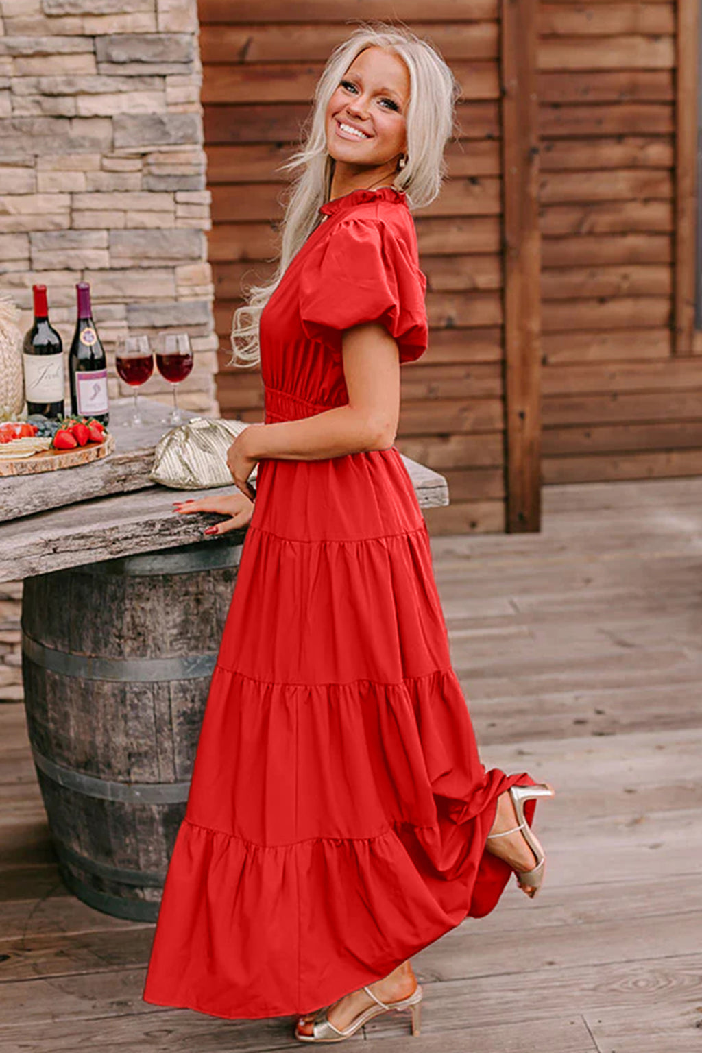 Gossamer Pink Solid Color V Neck Short Puff Sleeve High Waist Tiered Maxi Dress