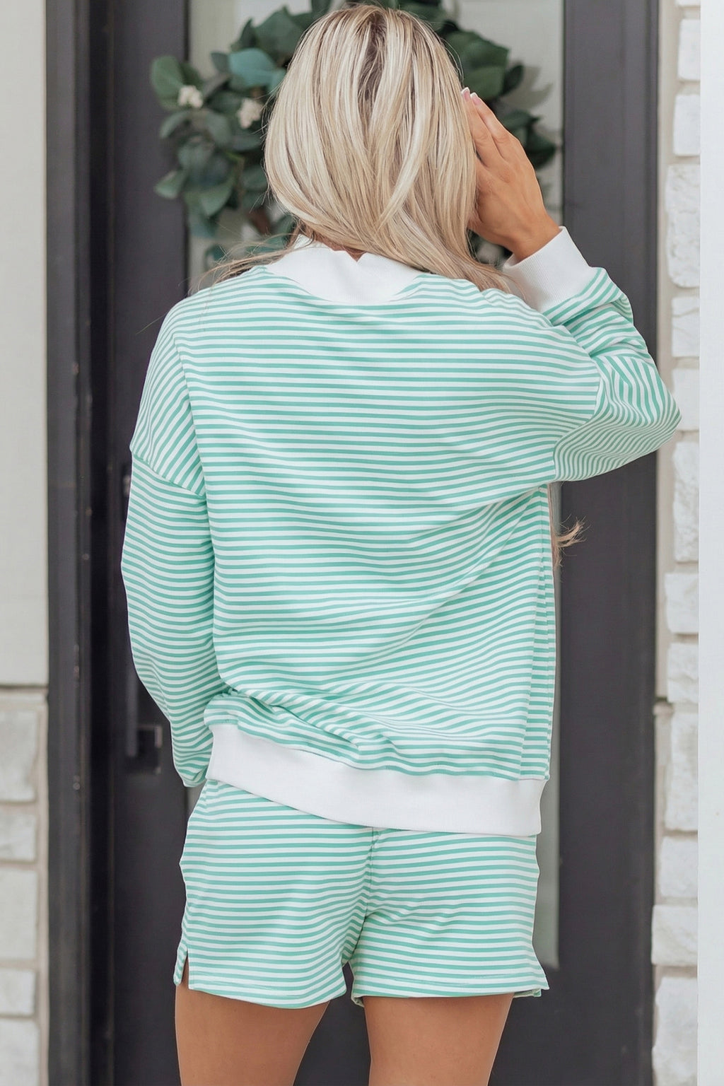 Sky Blue Stripe Oversize Mock Neck Sweatshirt and Shorts Set