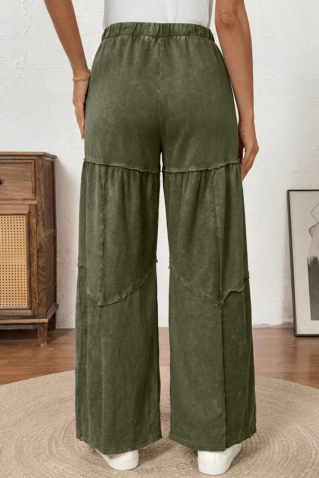 Vineyard Green Mineral Wash Tiered Wide Leg Patchwork Drawstring Pants