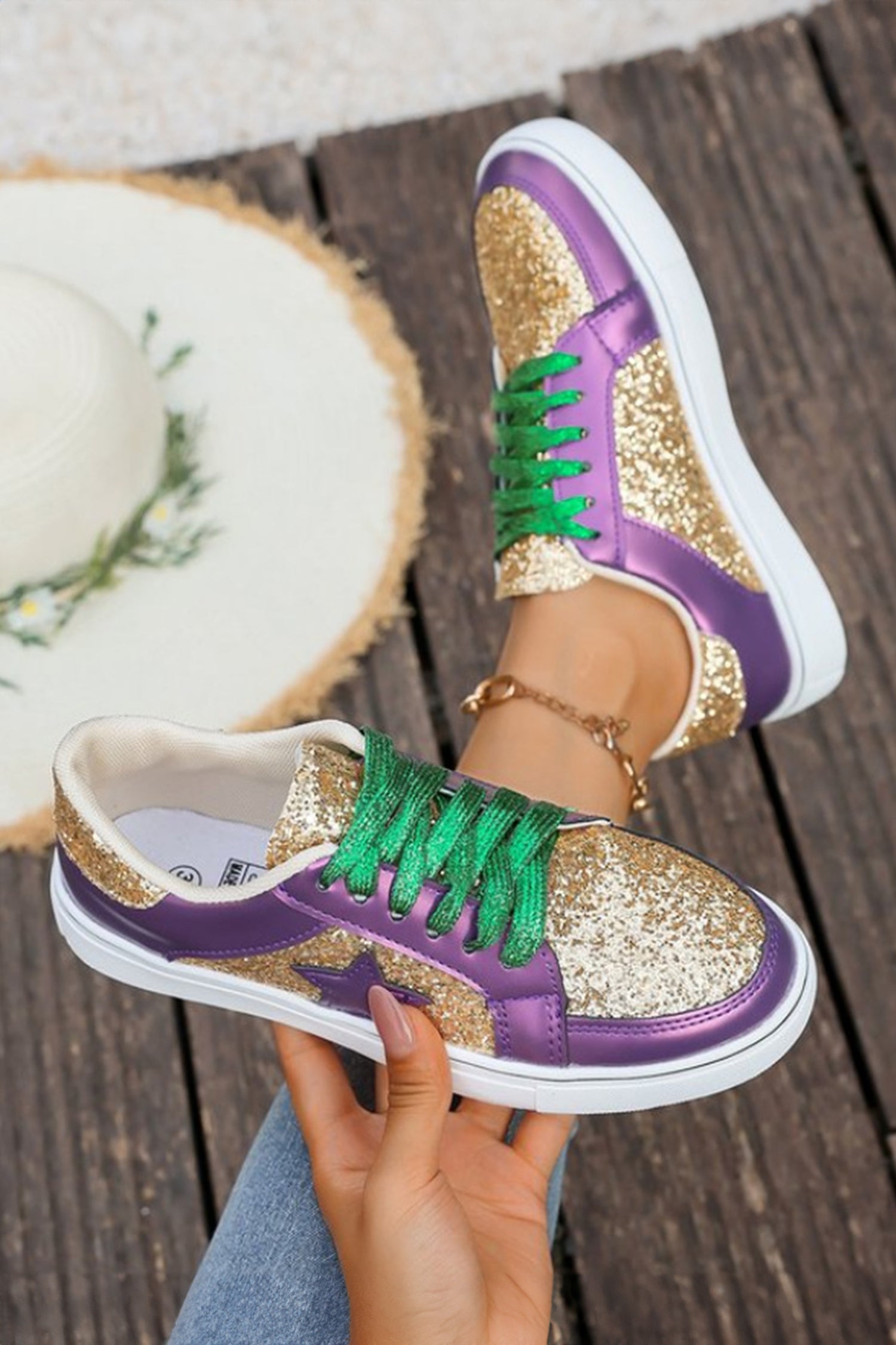 Gold Glitter Star Patchwork PU Leather Lace-up Sneakers