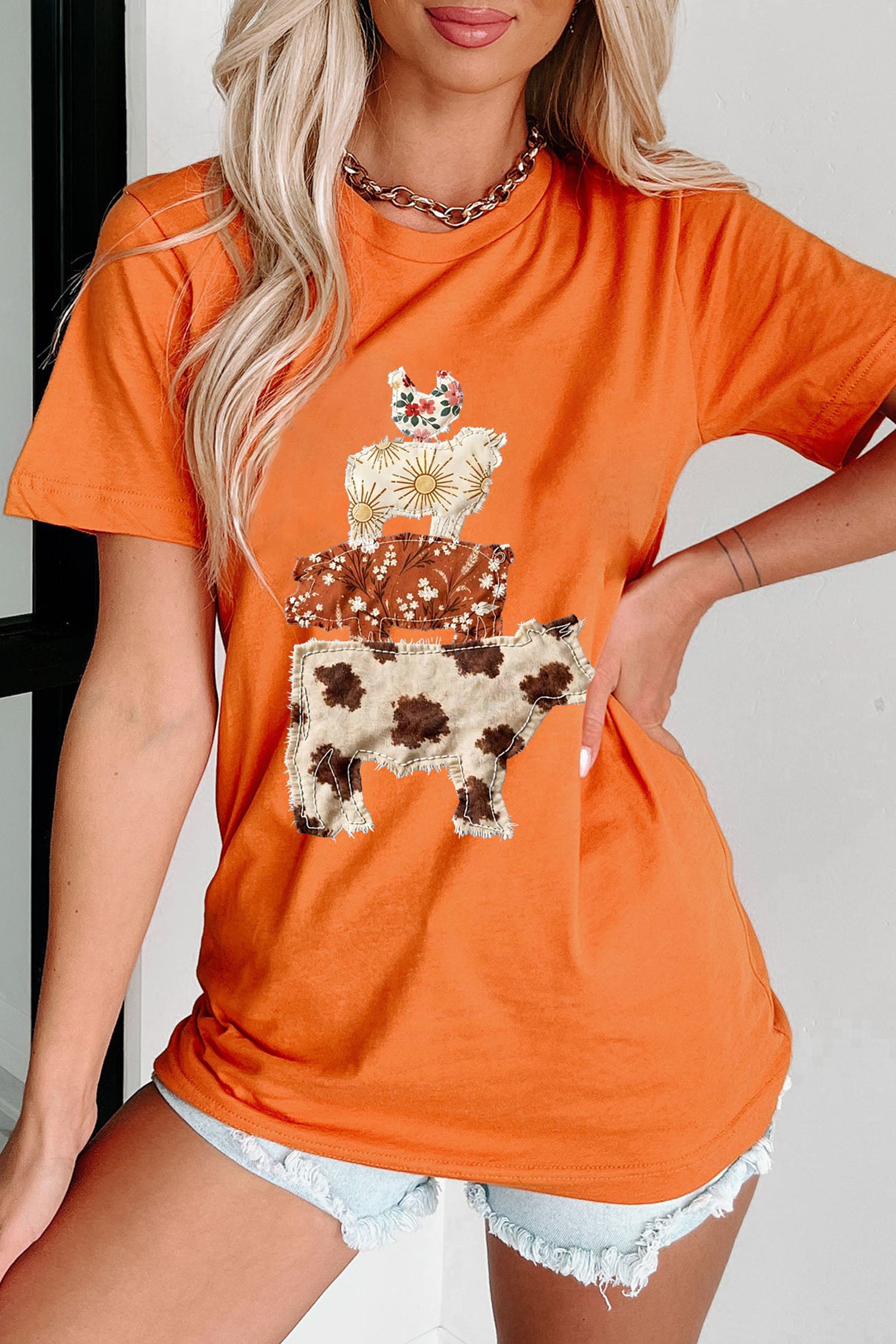 Orange Unique Animal Design Western Print T Shirt