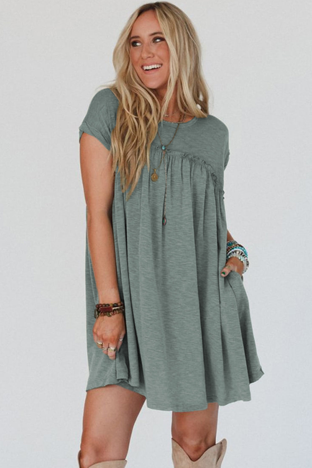 Mist Green Frilled Seam Round Neck T Shirt Dress