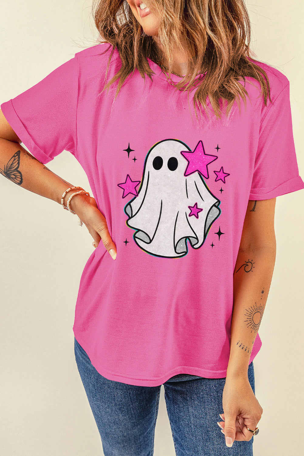 Sachet Pink Ghost Heat Transfer Printing Halloween T Shirt