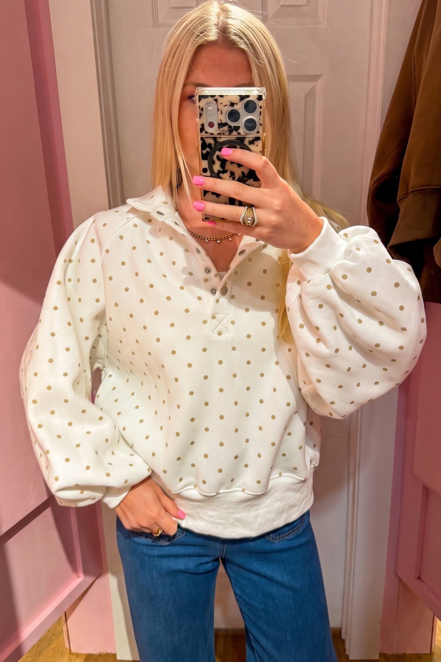 Pink Polka Dot Print Metal Button Collar Casual Pullover Sweatshirt