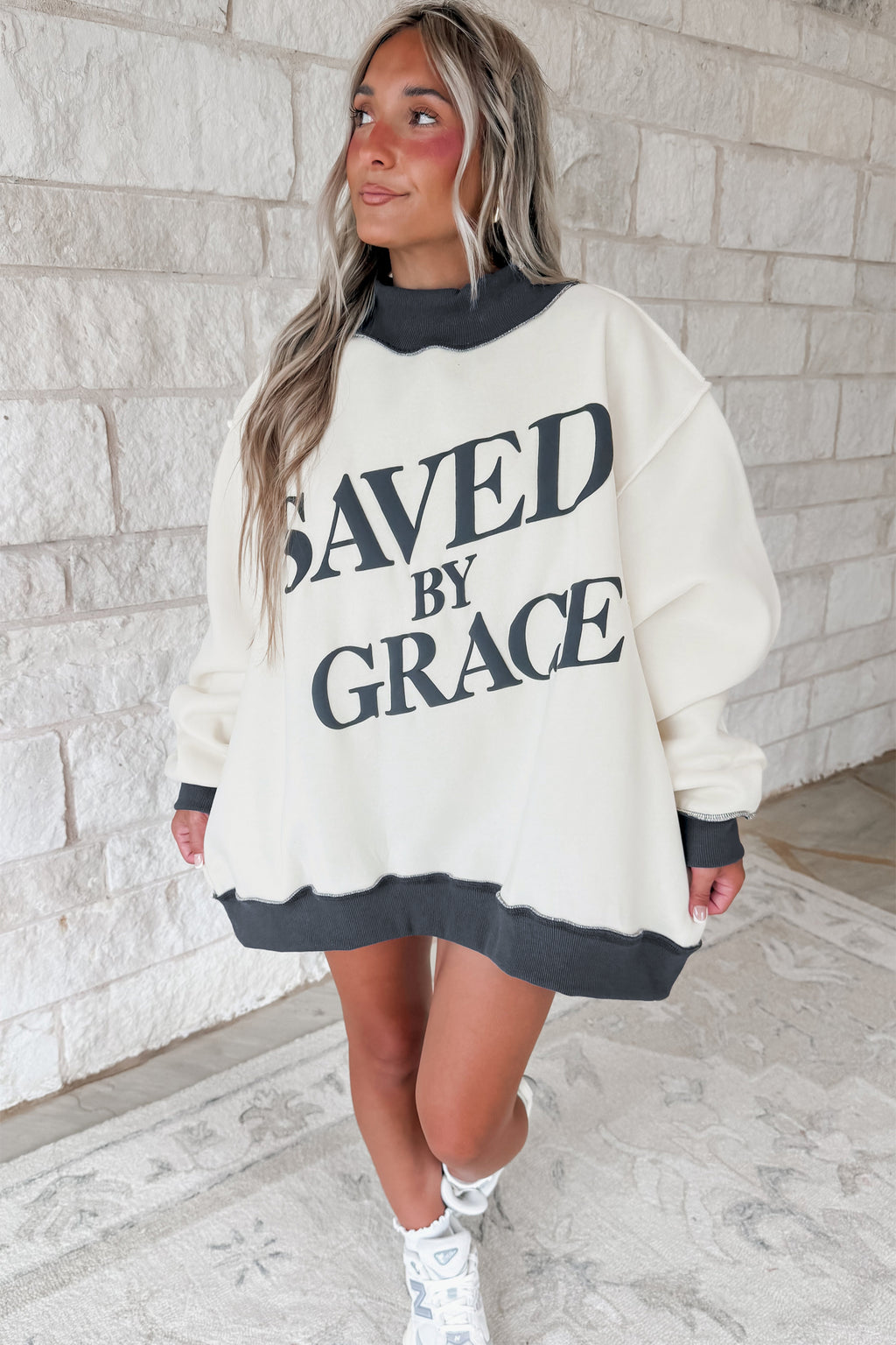 Bright Pink Saved By Grace Print Color Block Mock Neck Oversized Sweatshirt