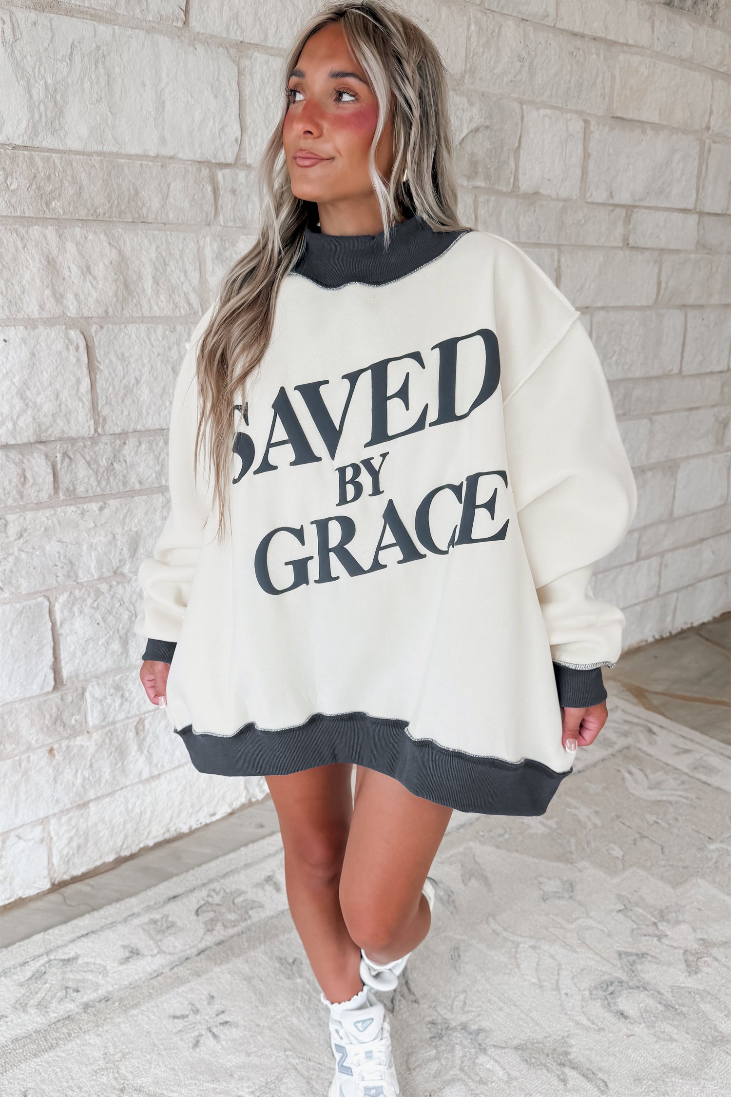 Bright Pink Saved By Grace Print Color Block Mock Neck Oversized Sweatshirt