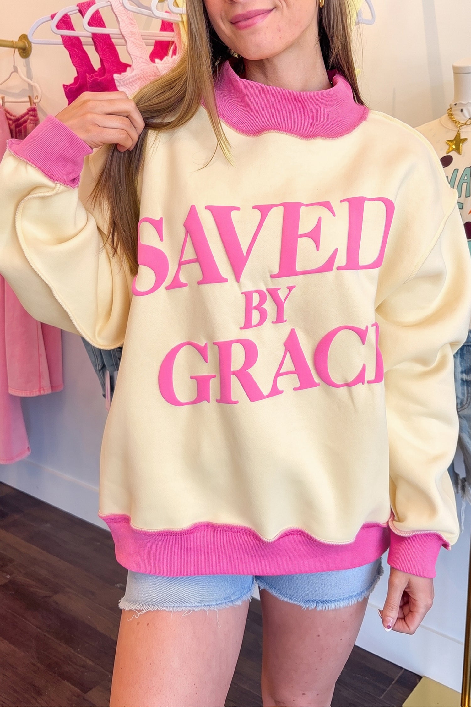 Bright Pink Saved By Grace Print Color Block Mock Neck Oversized Sweatshirt
