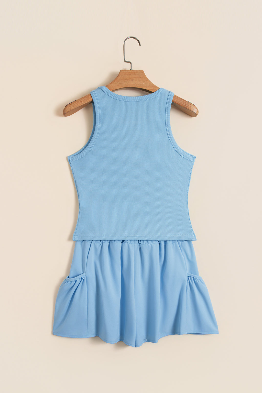 Dark Blue Ribbed Slim Tank Pocketed Wide Leg Shorts Set