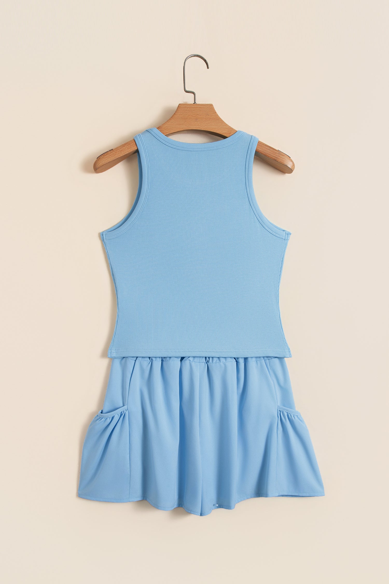 Dark Blue Ribbed Slim Tank Pocketed Wide Leg Shorts Set