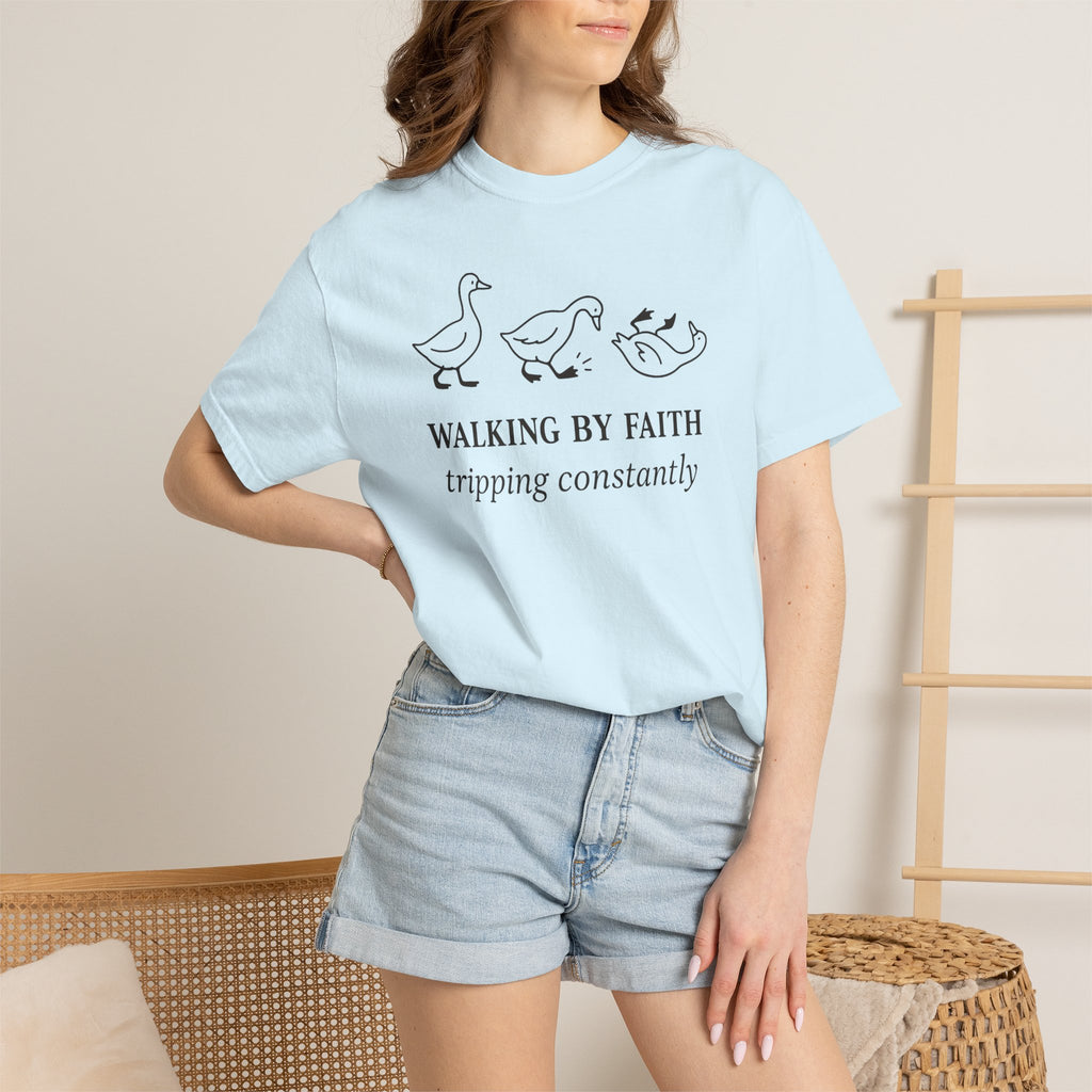 Faith Ducks T-Shirt — "Walking by Faith, tripping constantly" Christian Graphic Tee