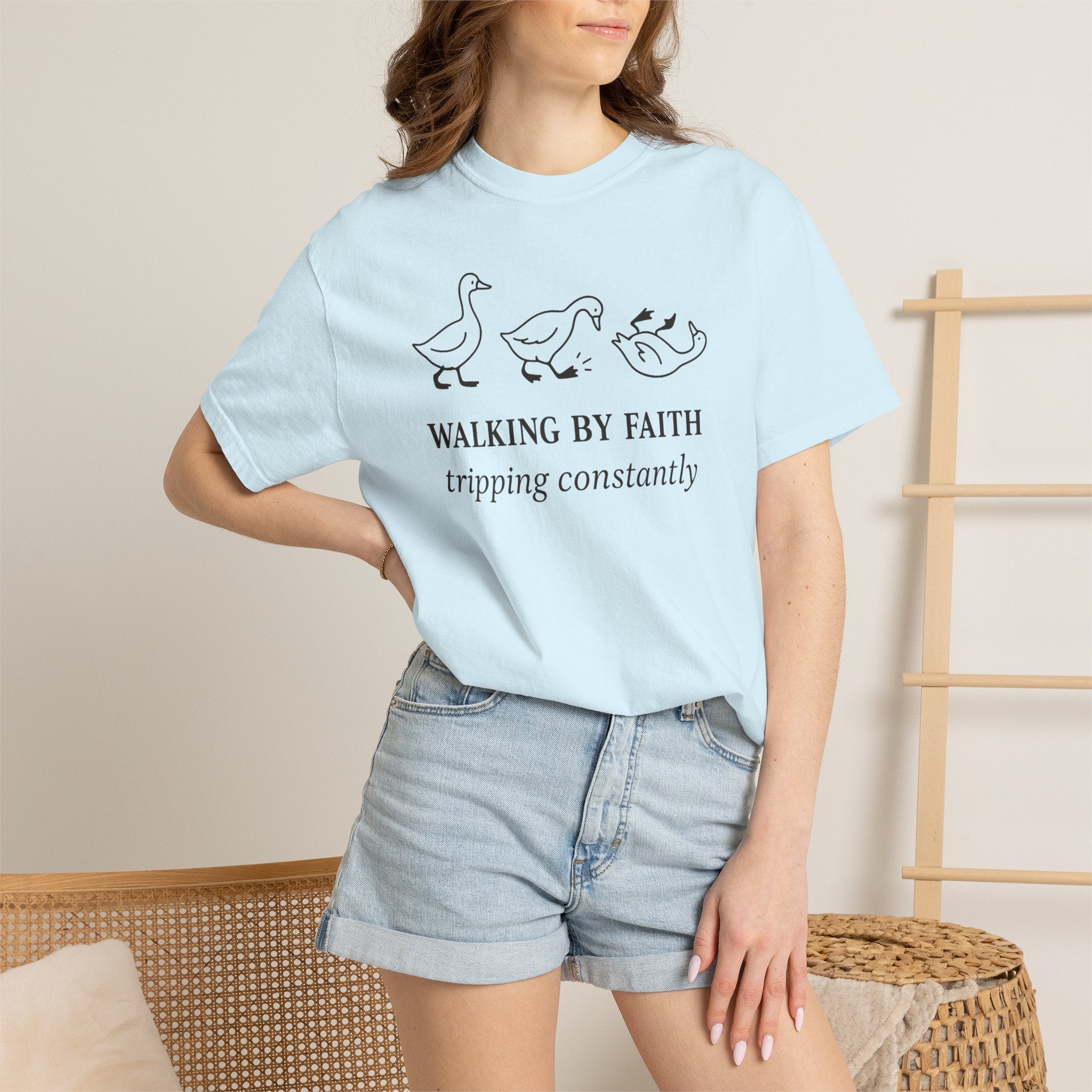 Faith Ducks T-Shirt — "Walking by Faith, tripping constantly" Christian Graphic Tee