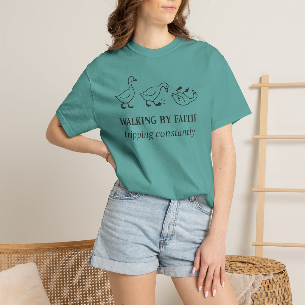 Faith Ducks T-Shirt — "Walking by Faith, tripping constantly" Christian Graphic Tee