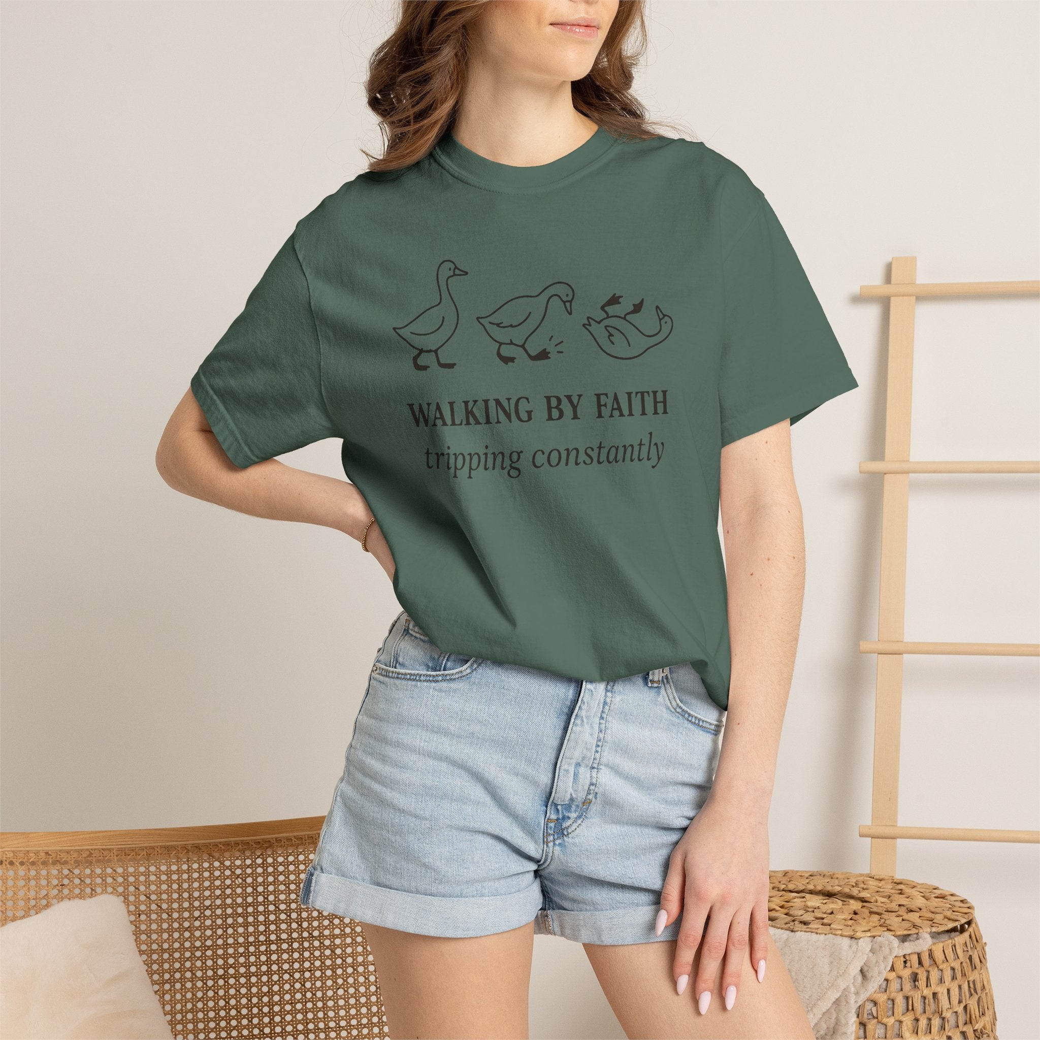 Faith Ducks T-Shirt — "Walking by Faith, tripping constantly" Christian Graphic Tee