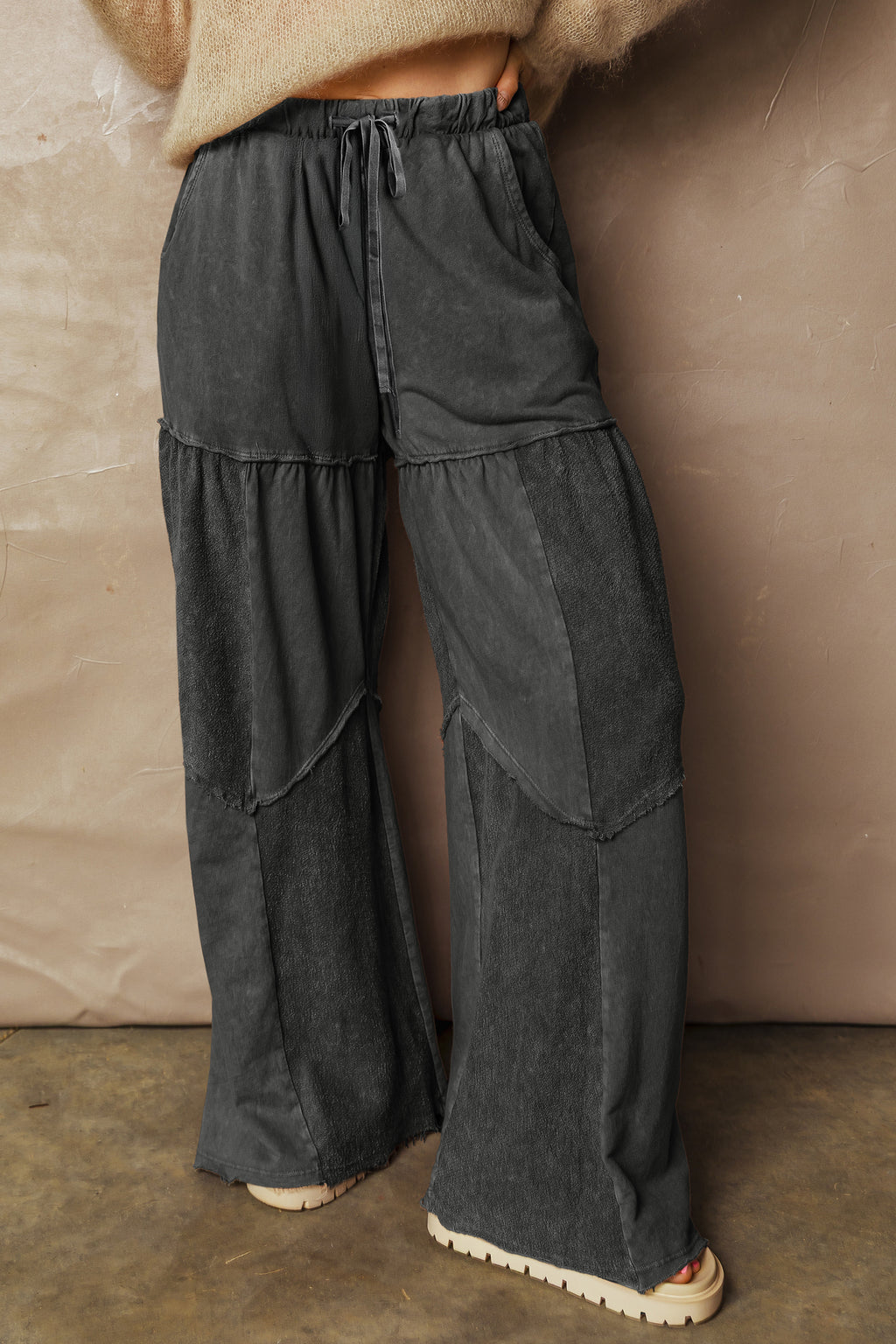 Vineyard Green Mineral Wash Tiered Wide Leg Patchwork Drawstring Pants