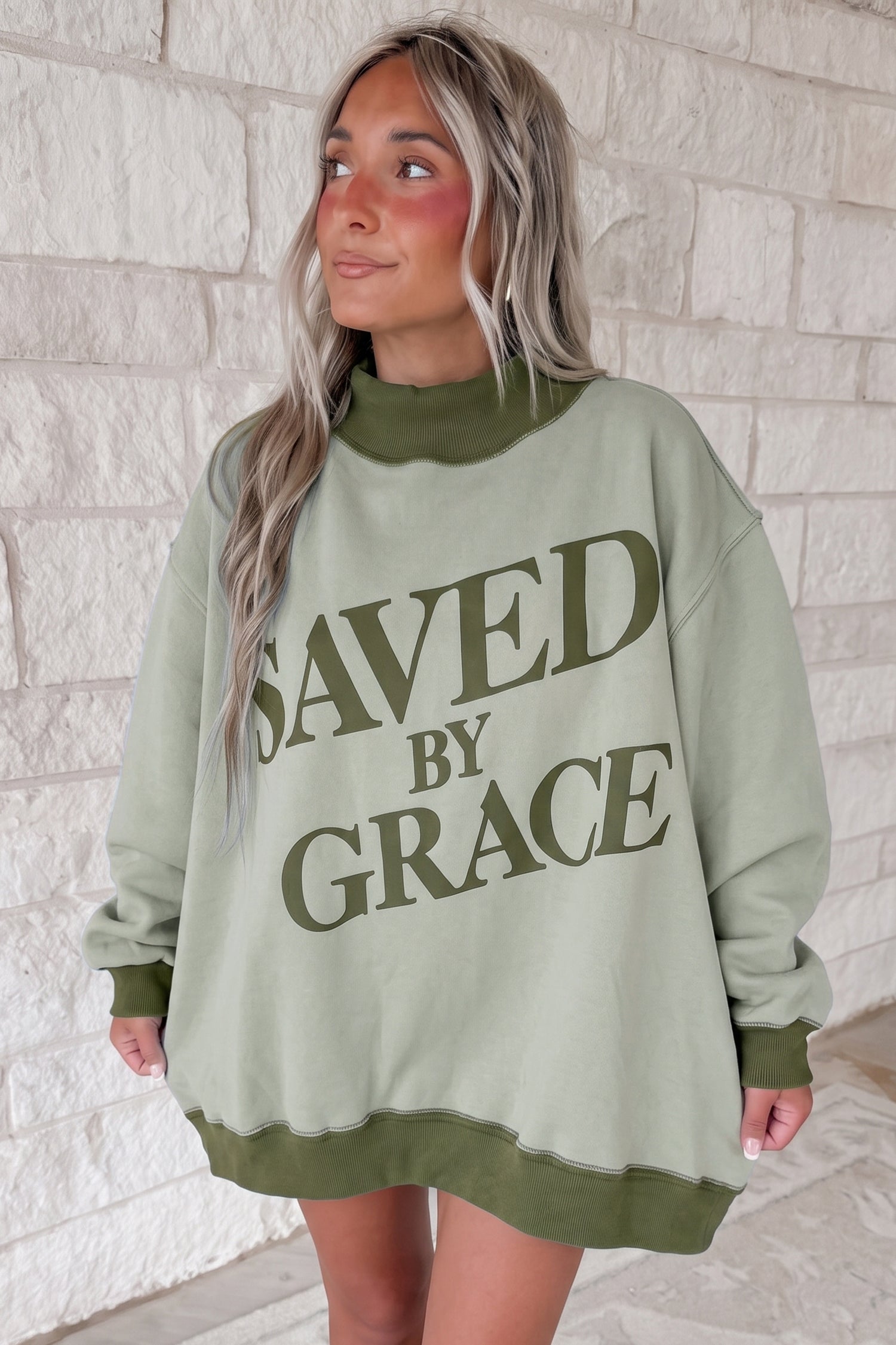Bright Pink Saved By Grace Print Color Block Mock Neck Oversized Sweatshirt