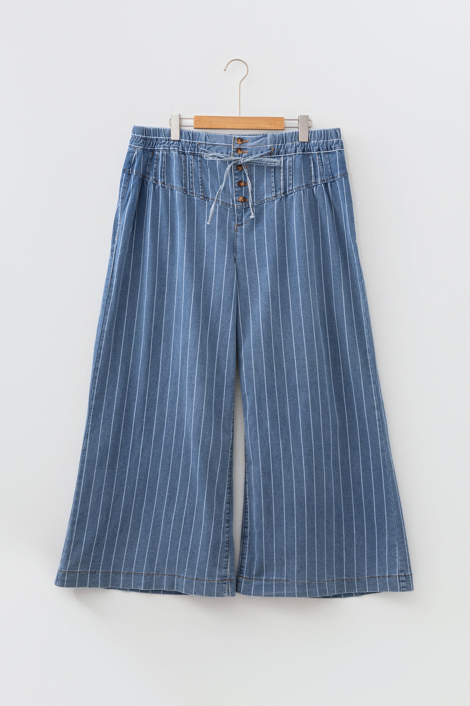 Sky Blue Stripe Plus Size Buttoned Loose Wide Leg Denim Pants