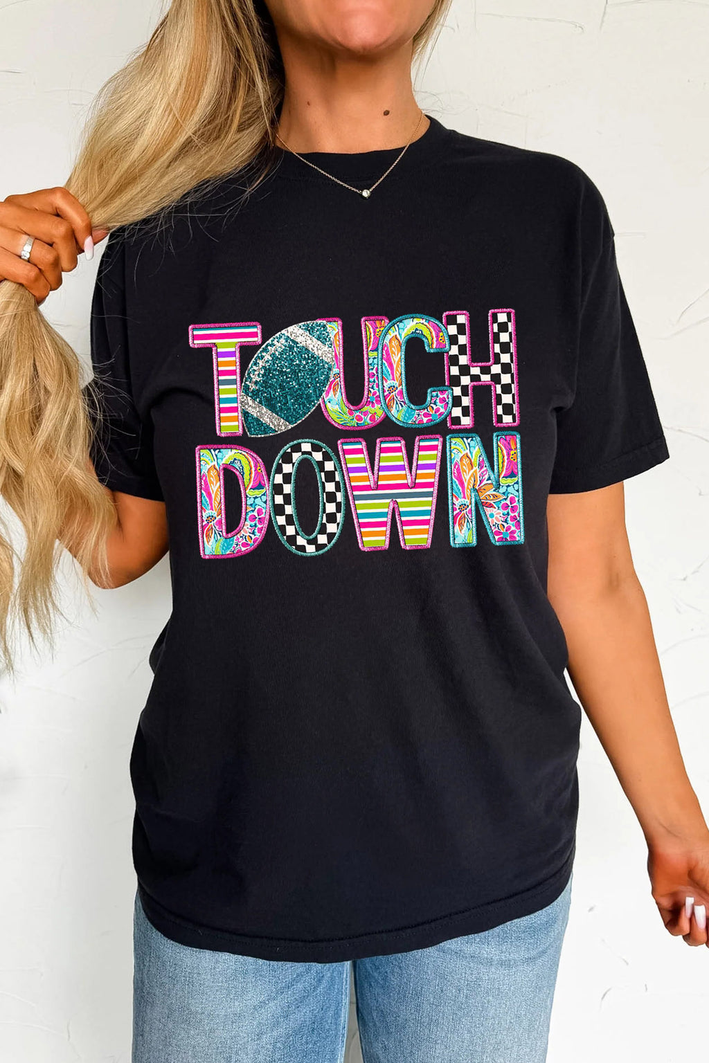Black Playful TOUCHDOWN Letter Graphic Casual Round Neck T-Shirt