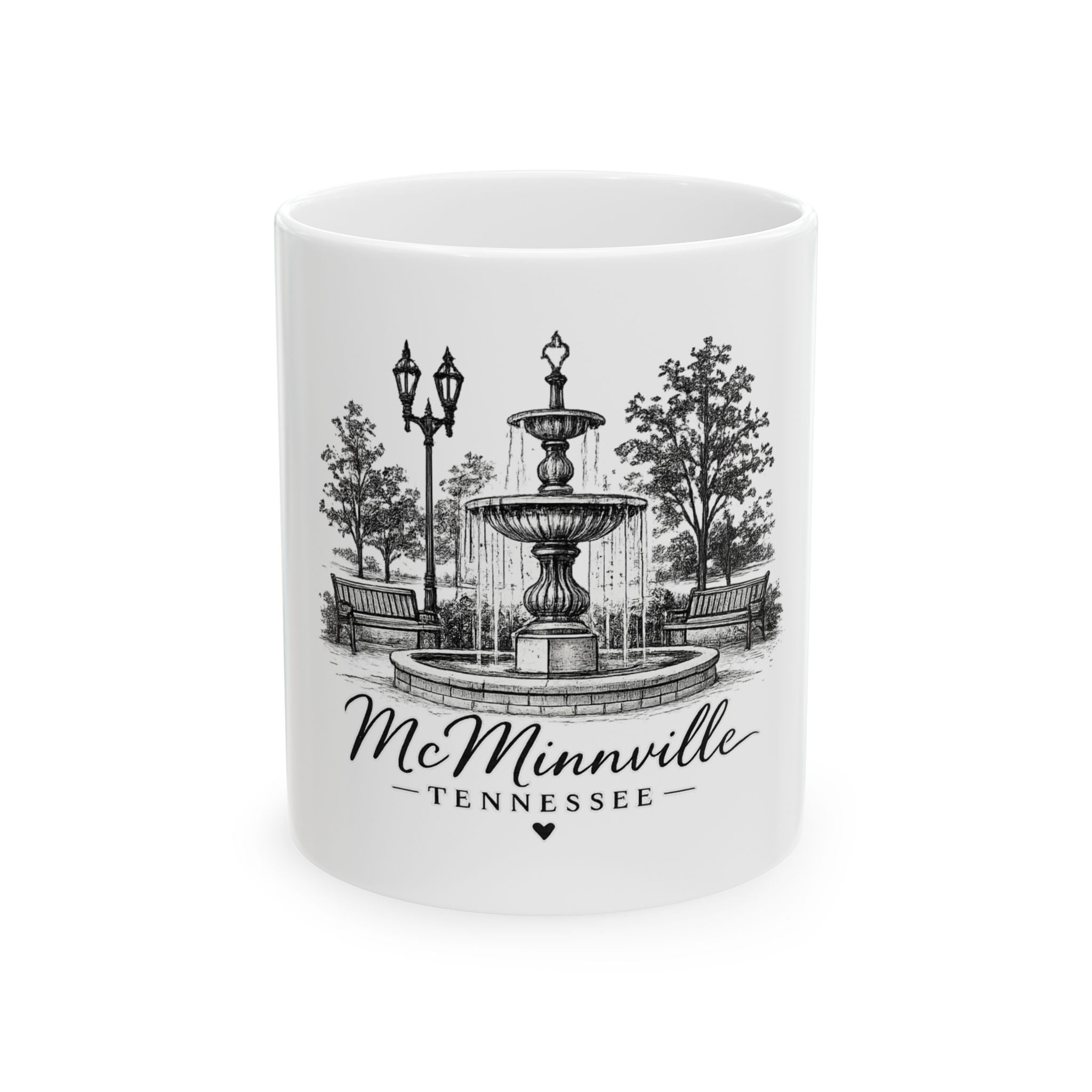 McMinnville Tennessee Fountain Ceramic Mug — Vintage Townscape Coffee Cup (11oz/15oz)