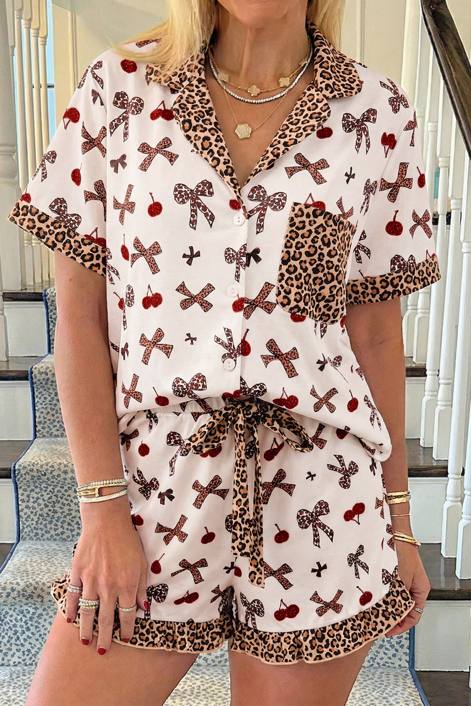 White Chic Bow Cherry Printed Leopard Contrast Patchwork Shirt Drawstring Shorts 2pcs PJ Set