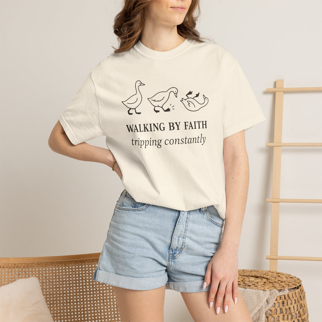 Faith Ducks T-Shirt — "Walking by Faith, tripping constantly" Christian Graphic Tee