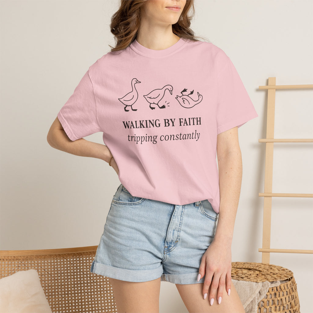 Faith Ducks T-Shirt — "Walking by Faith, tripping constantly" Christian Graphic Tee