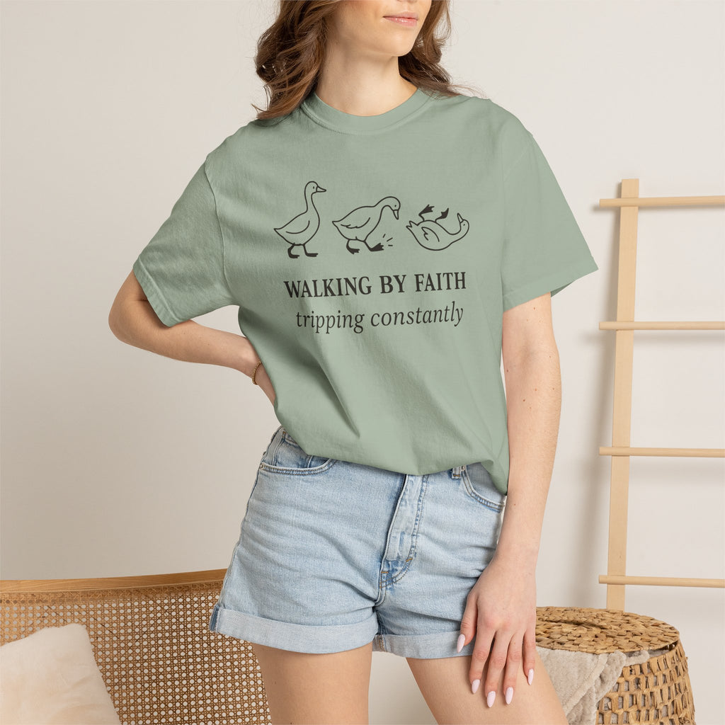 Faith Ducks T-Shirt — "Walking by Faith, tripping constantly" Christian Graphic Tee