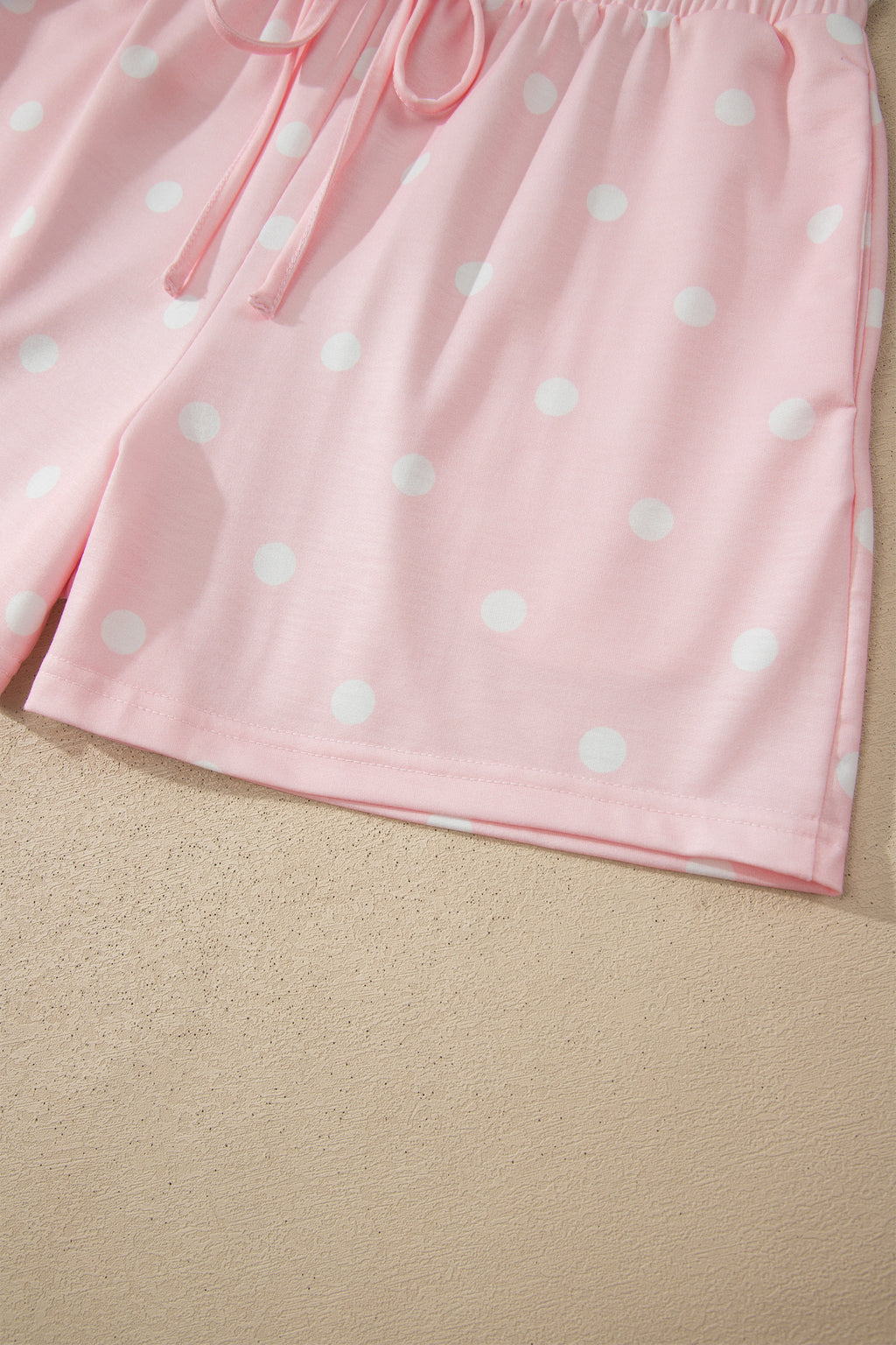 Pink Polka Dot Short Sleeve Loose Top Drawstring Shorts Set