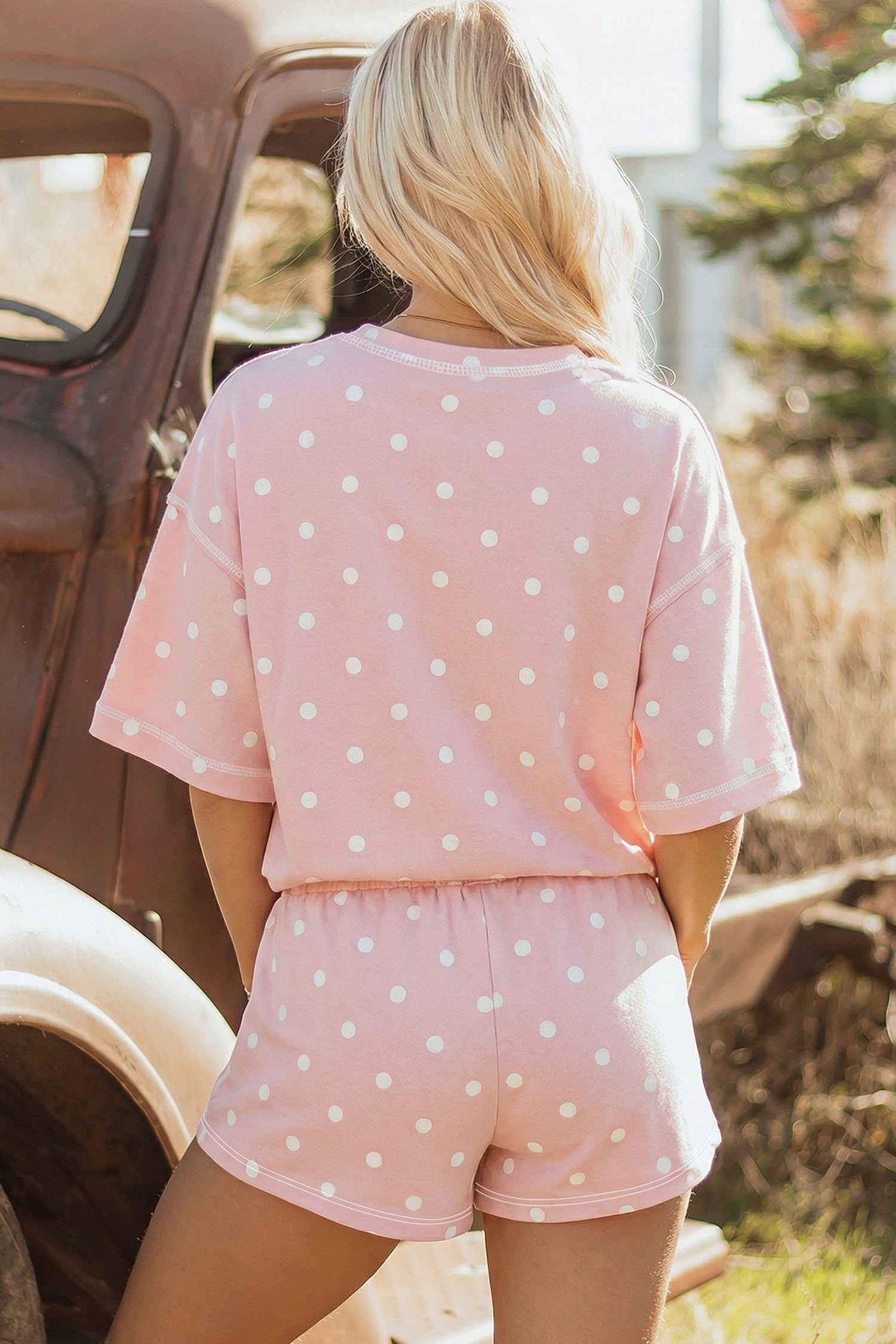 Pink Polka Dot Short Sleeve Loose Top Drawstring Shorts Set