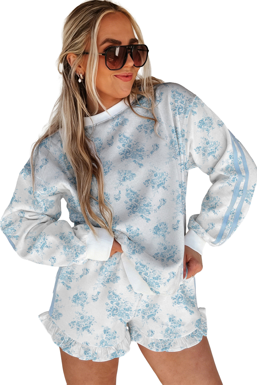 Sky Blue Floral Print Striped Detail Long Sleeve Top Ruffle Hem Shorts 2pcs Set