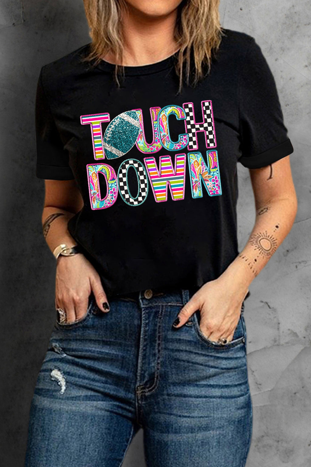 Black Playful TOUCHDOWN Letter Graphic Casual Round Neck T-Shirt