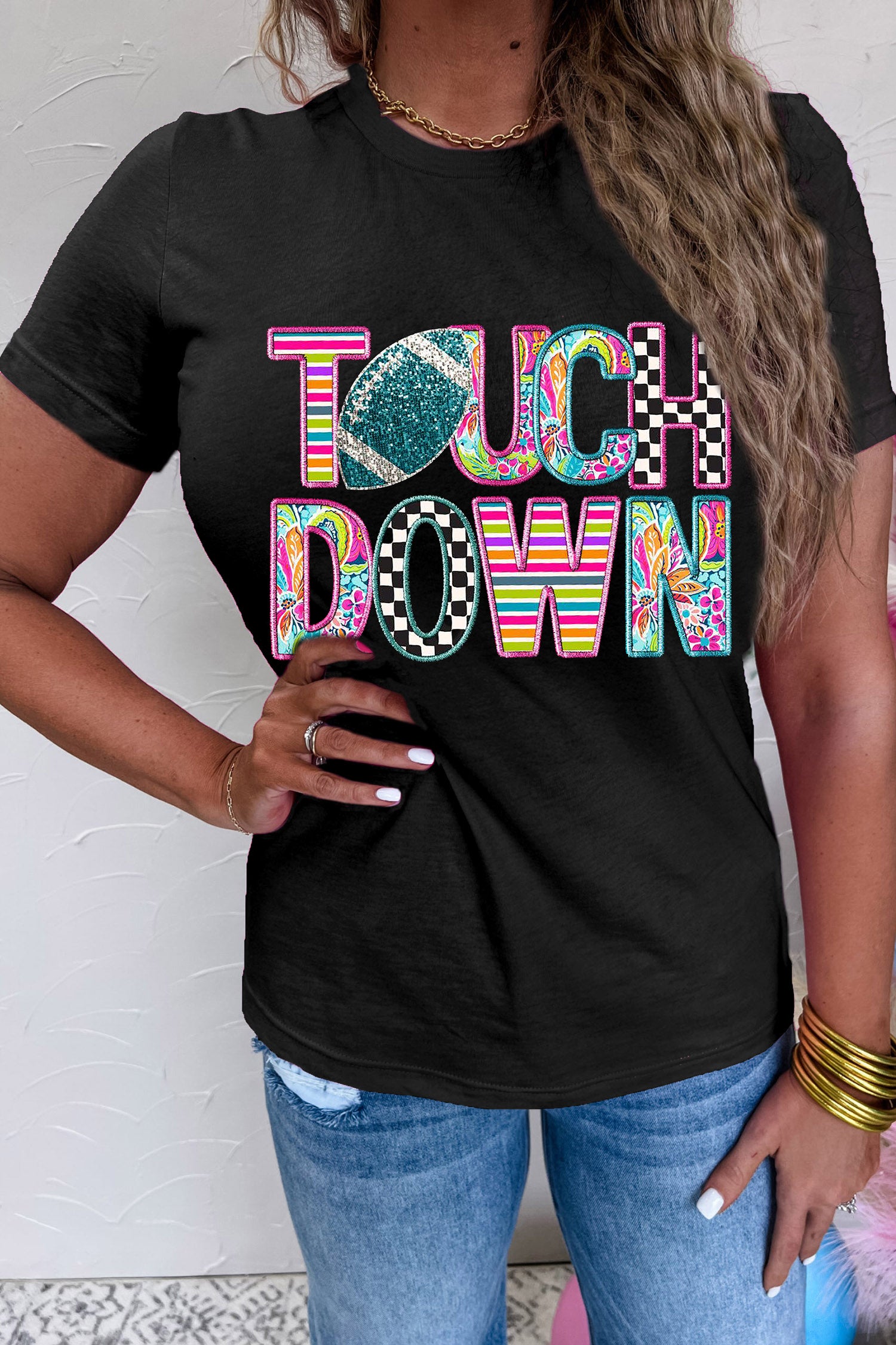 Black Playful TOUCHDOWN Letter Graphic Casual Round Neck T-Shirt