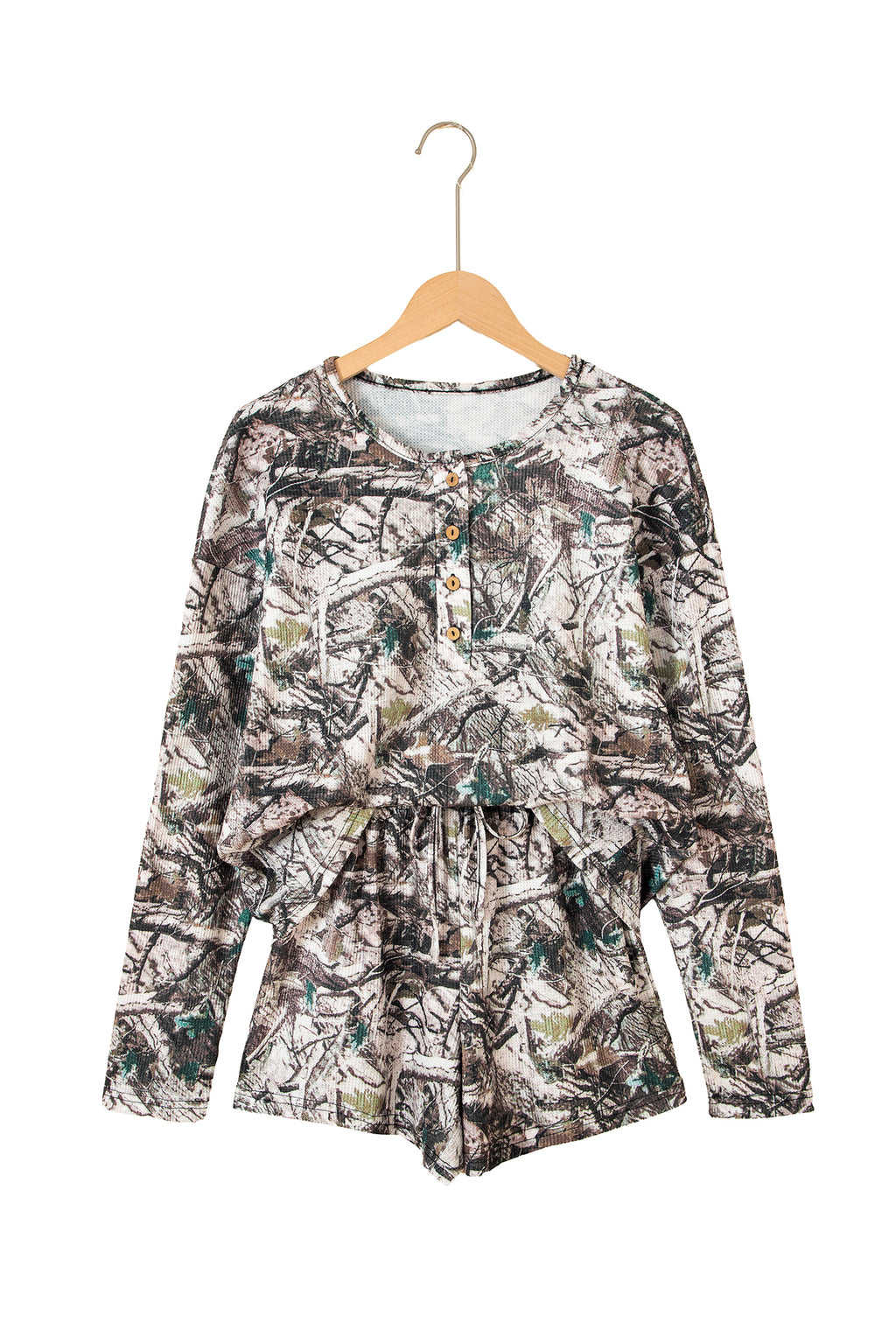 Brown Camo Long Sleeve Top Elastic Waist Shorts Two Piece Set