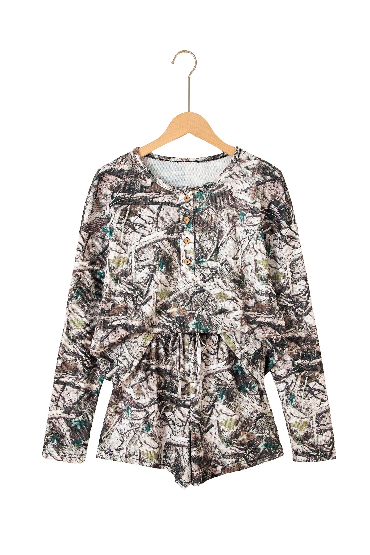 Brown Camo Long Sleeve Top Elastic Waist Shorts Two Piece Set