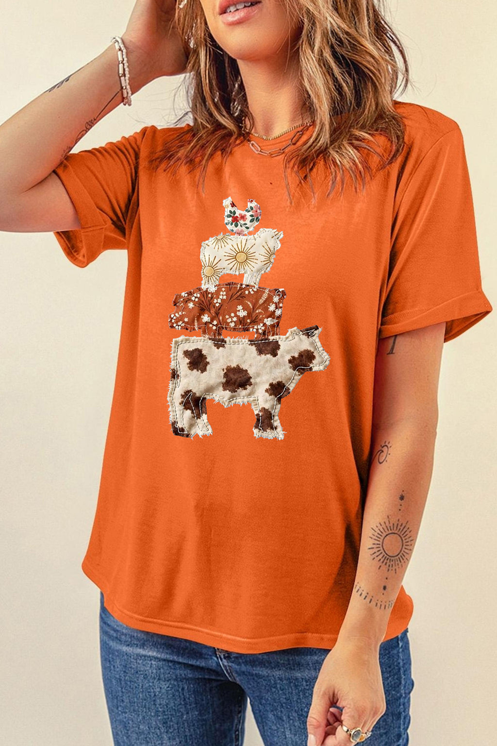 Orange Unique Animal Design Western Print T Shirt