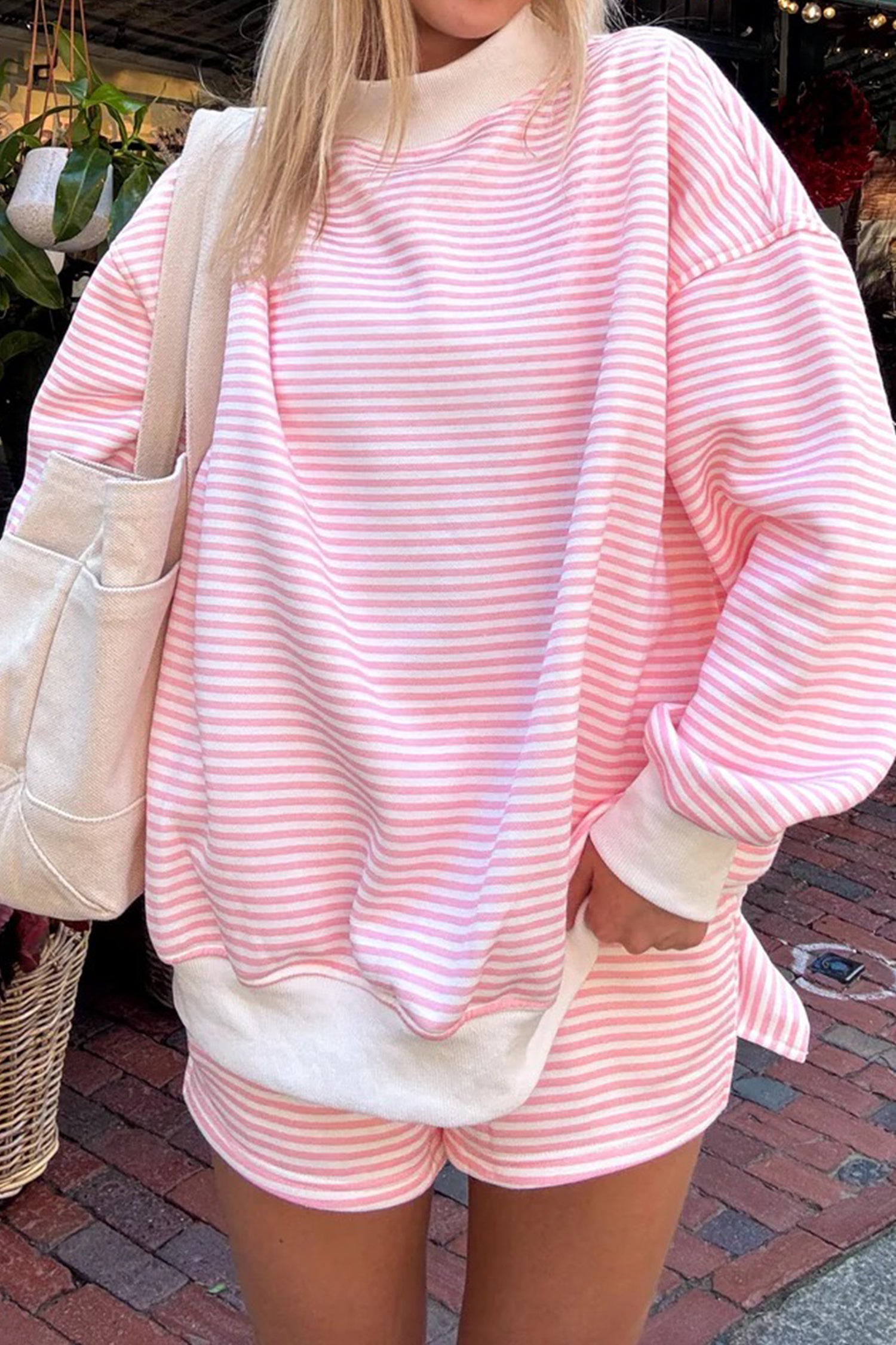 Sky Blue Stripe Oversize Mock Neck Sweatshirt and Shorts Set