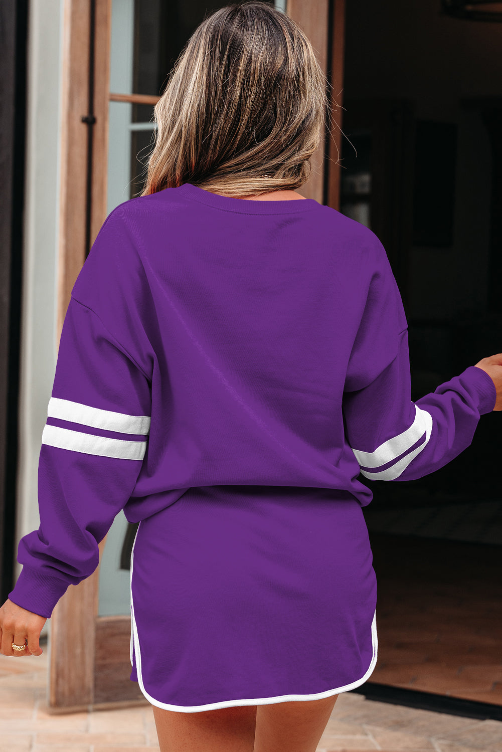 Orange Varsity Stripe Detail Drop Shoulder Pullover Mini Skort Set