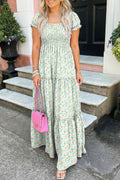 Green Floral Short Bubble Sleeve Shirred High Waist Maxi Dress