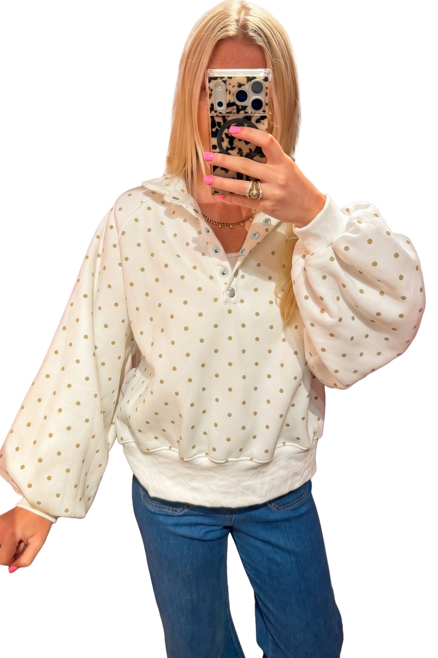 Pink Polka Dot Print Metal Button Collar Casual Pullover Sweatshirt