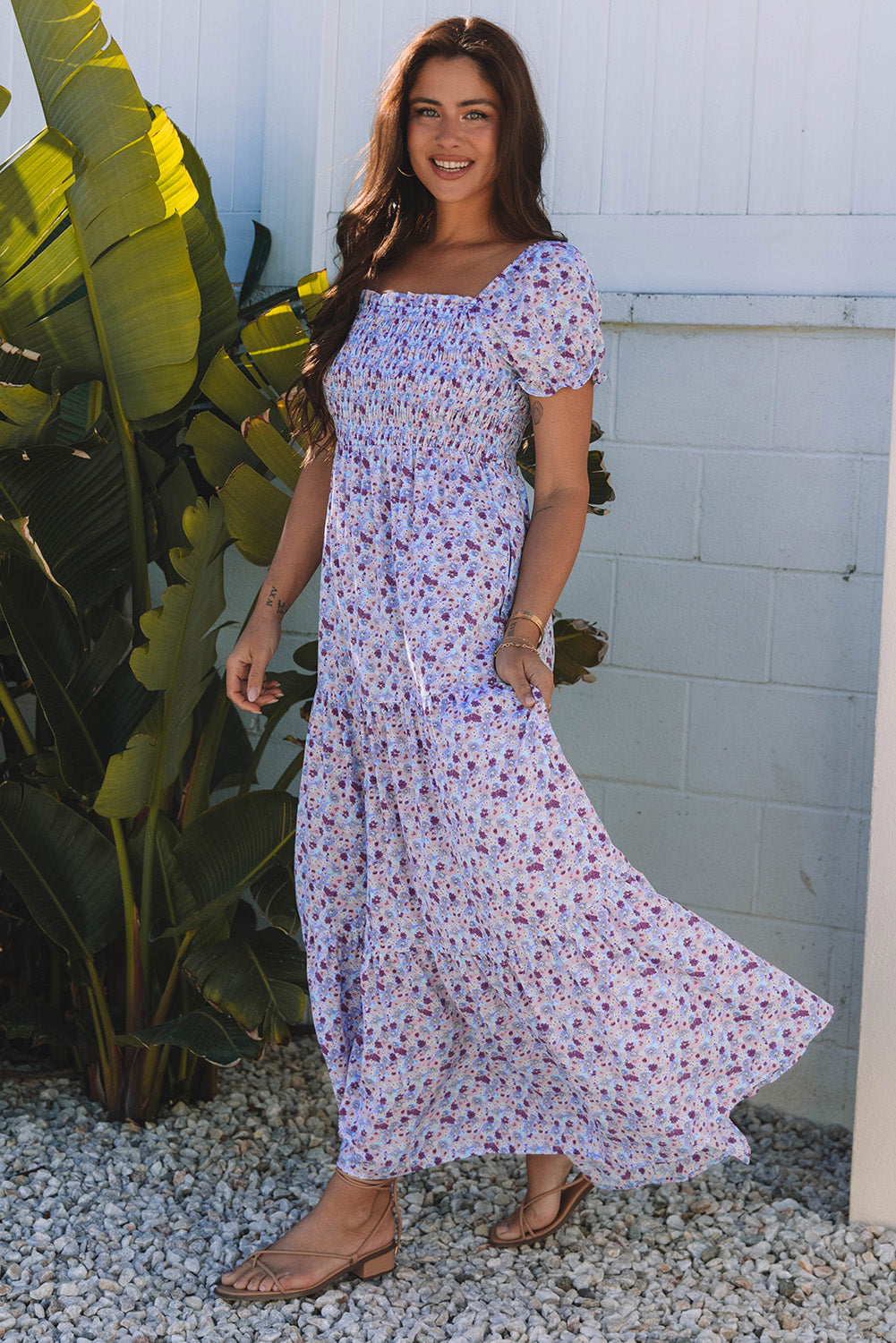 Green Floral Short Bubble Sleeve Shirred High Waist Maxi Dress
