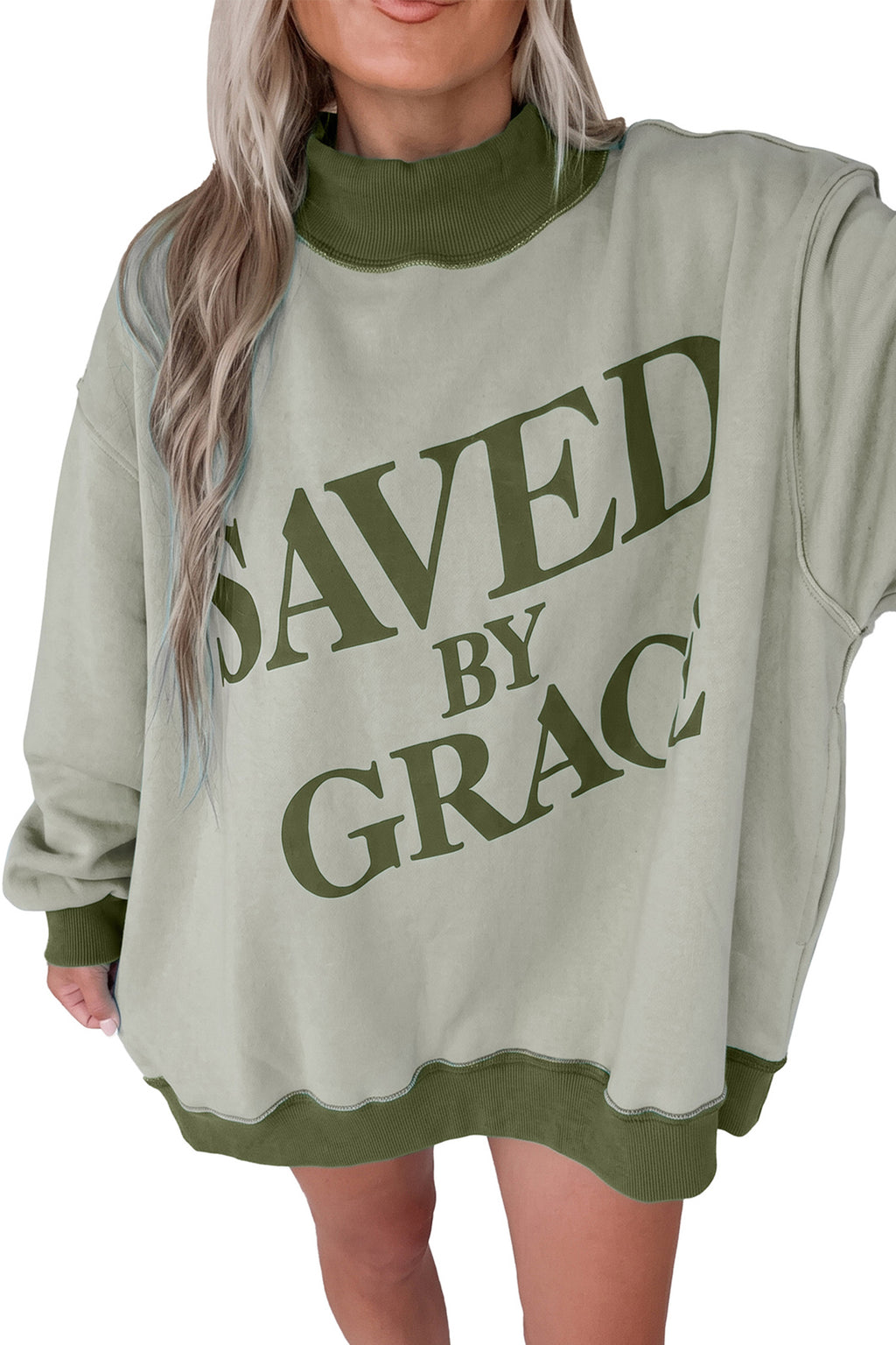 Bright Pink Saved By Grace Print Color Block Mock Neck Oversized Sweatshirt