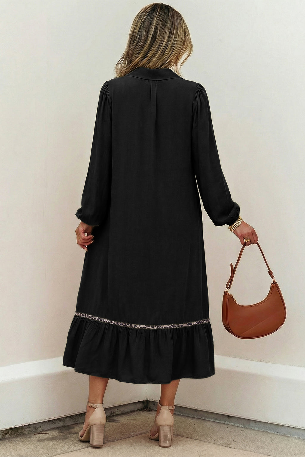 Four Leaf Clover Collared V Neck Smocked Detail Contrast Leopard Trim Bracelet Sleeve Long Dress