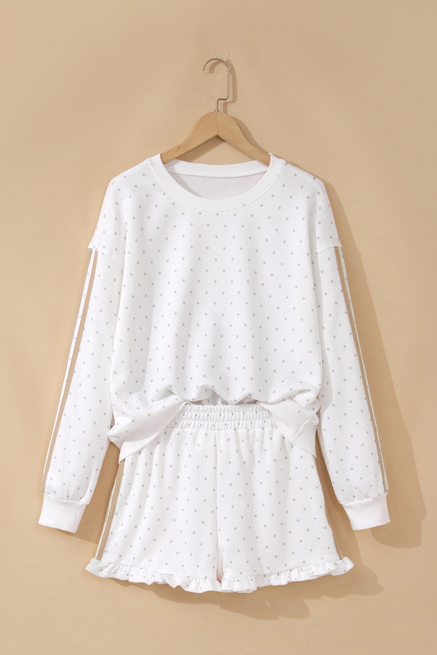 White Polka Dot Print Side Stripe Detail Casual Sweatshirt 2pcs Short Set