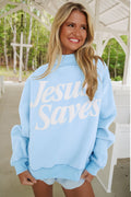 Mist Blue Jesus Saves Slogan Print Stand Neck Baggy Sweatshirt
